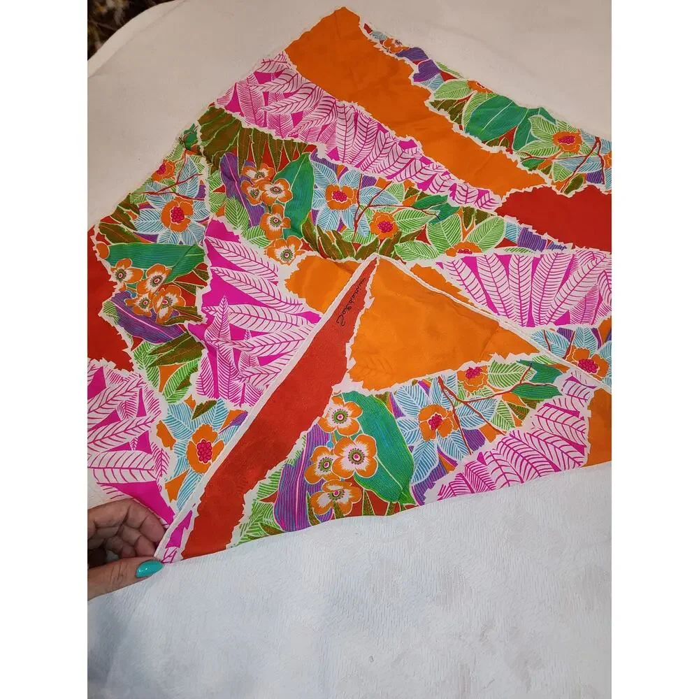 Saldarini Italy Silk Square Scarf Tropical Floral Orange Rust Magenta 30in
